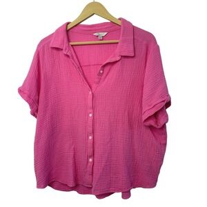 Lucky Brand Pink Double Gauze Short Sleeve Button Down Shirt XL Boxy Cotton Top